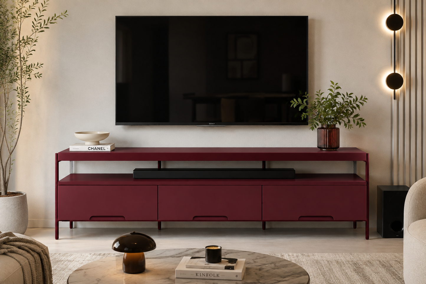 Harmonia koleksiyonu - bordo tablalı, bordo çekmeceli, bordo metal ayaklı TV sehpası