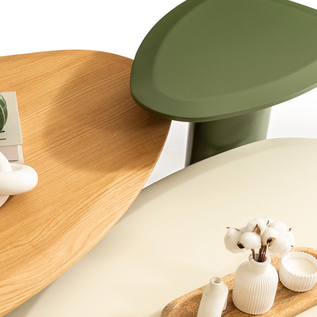 Amora koleksiyonu - Meşe kaplama, zeytin yeşili mdf ve inci beyazı mdf sehpalar