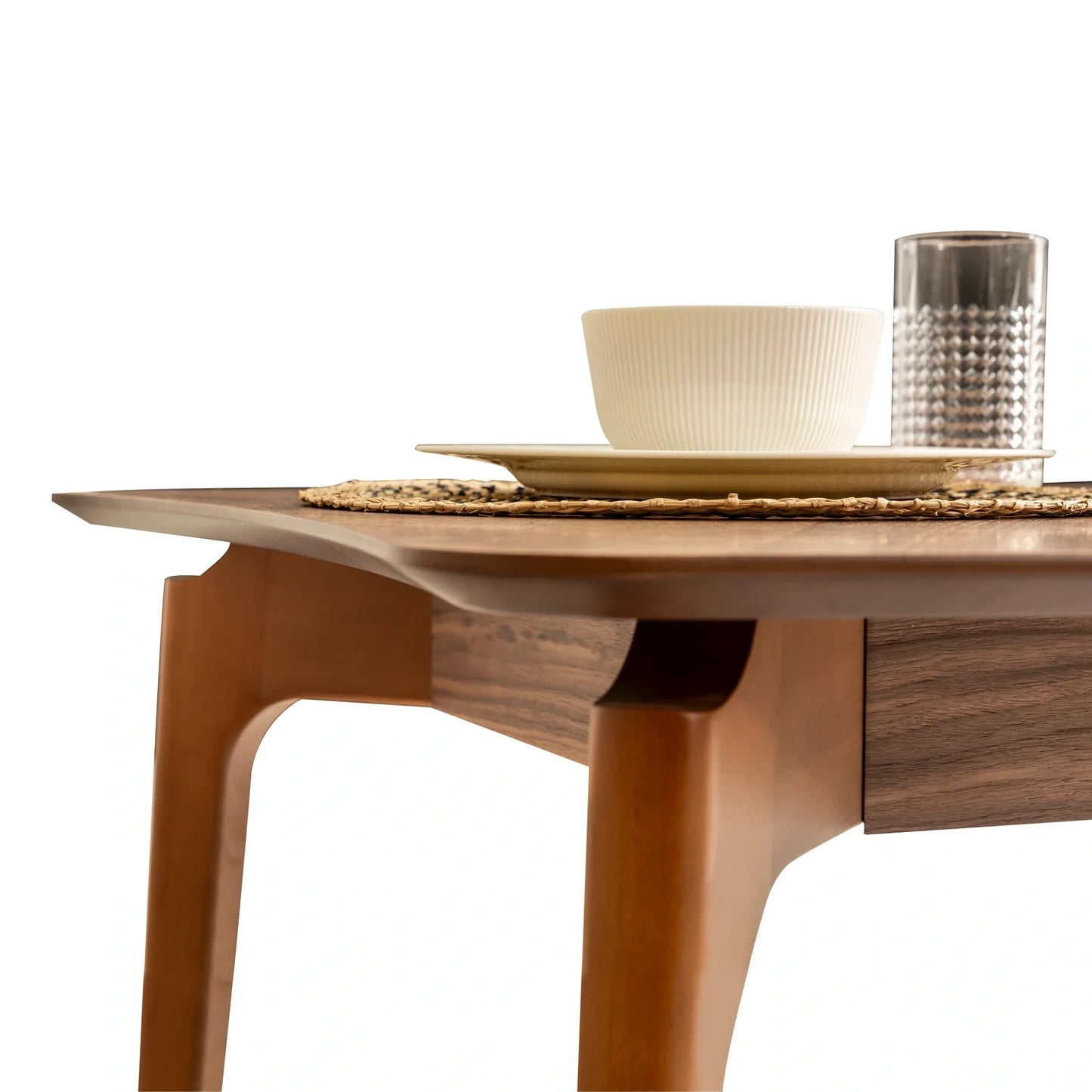 Andora koleksiyonu - Ceviz tabla ve masif ayaklı dikdörtgen iç bükey kenarlı yemek masası