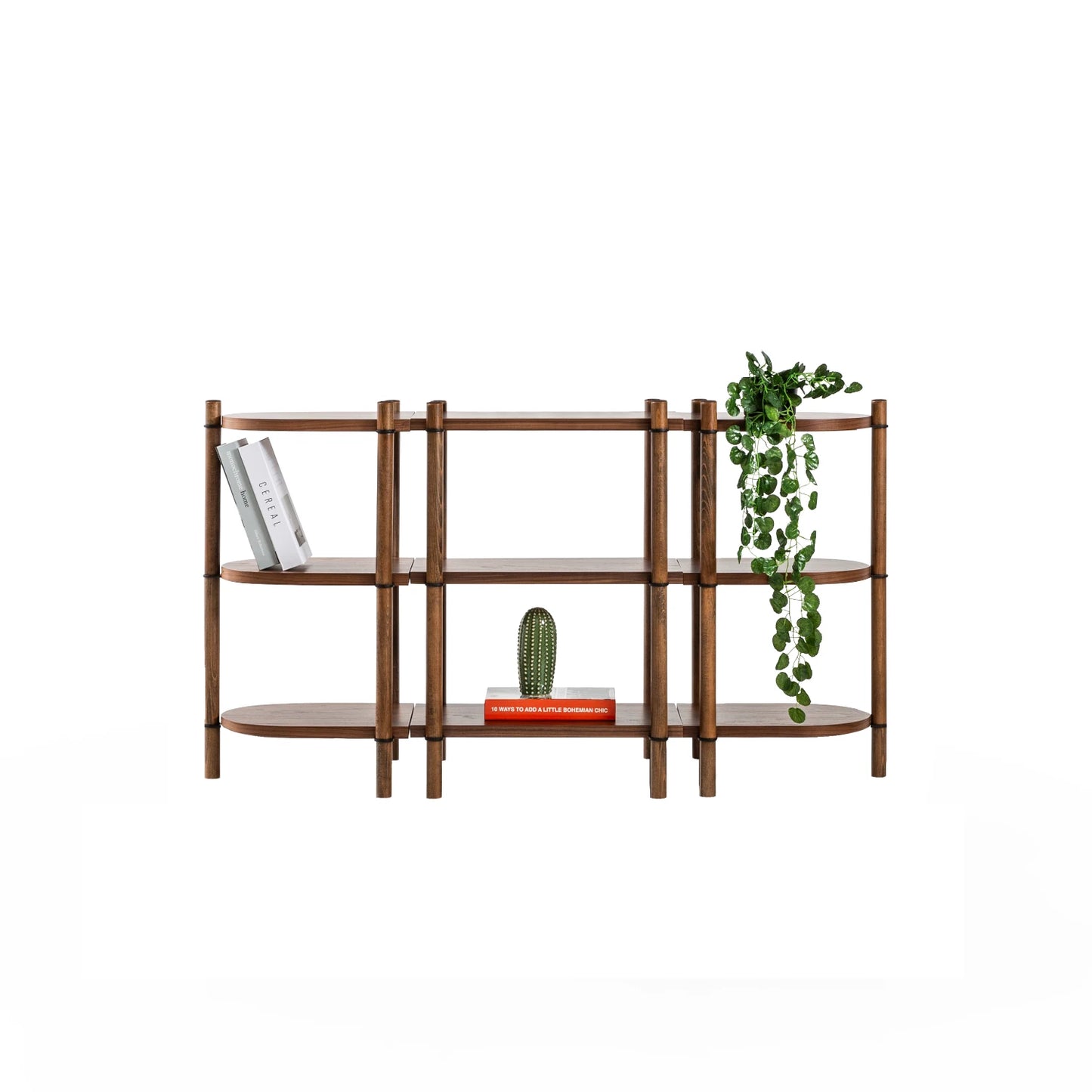 Cosmos koleksiyonu - Ceviz raflı, ceviz masif ayaklı 3 katlı modüler kitaplık - ayrılabilir parçalar