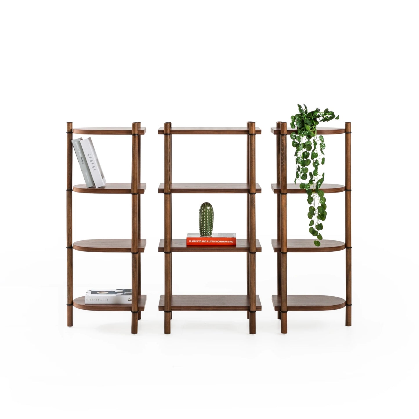 Cosmos koleksiyonu - Ceviz raflı, ceviz masif ayaklı 4 katlı modüler kitaplık - ayrılabilir parçalar