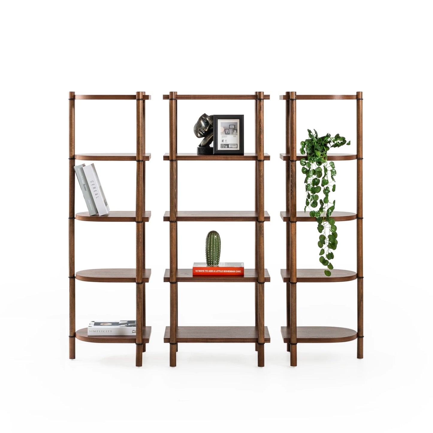 Cosmos koleksiyonu - Ceviz raflı, ceviz masif ayaklı 5 katlı modüler kitaplık - ayrılabilir parçalar