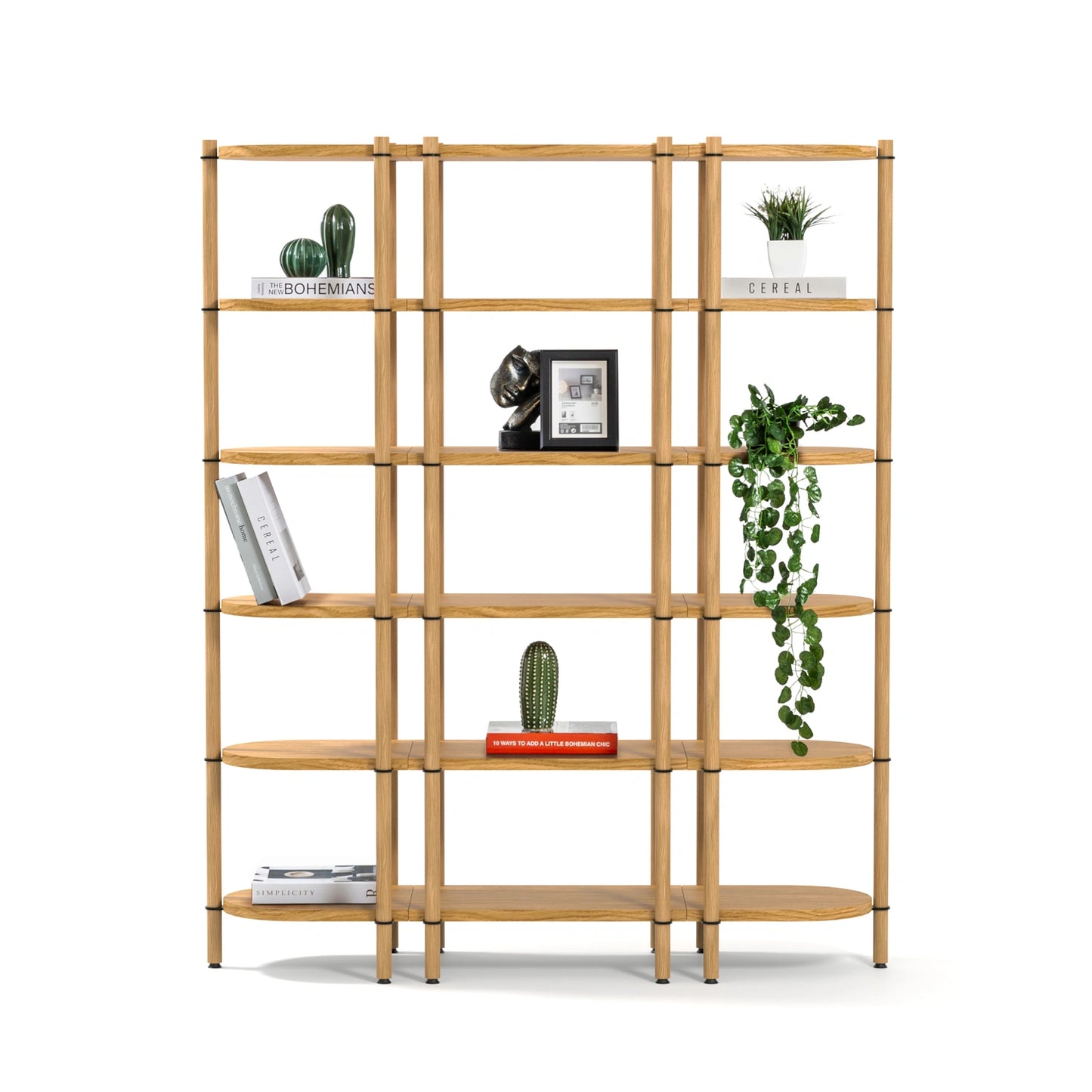 Cosmos koleksiyonu - Meşe raflı, meşe masif ayaklı 6 katlı modüler kitaplık - ayrılabilir parçalar