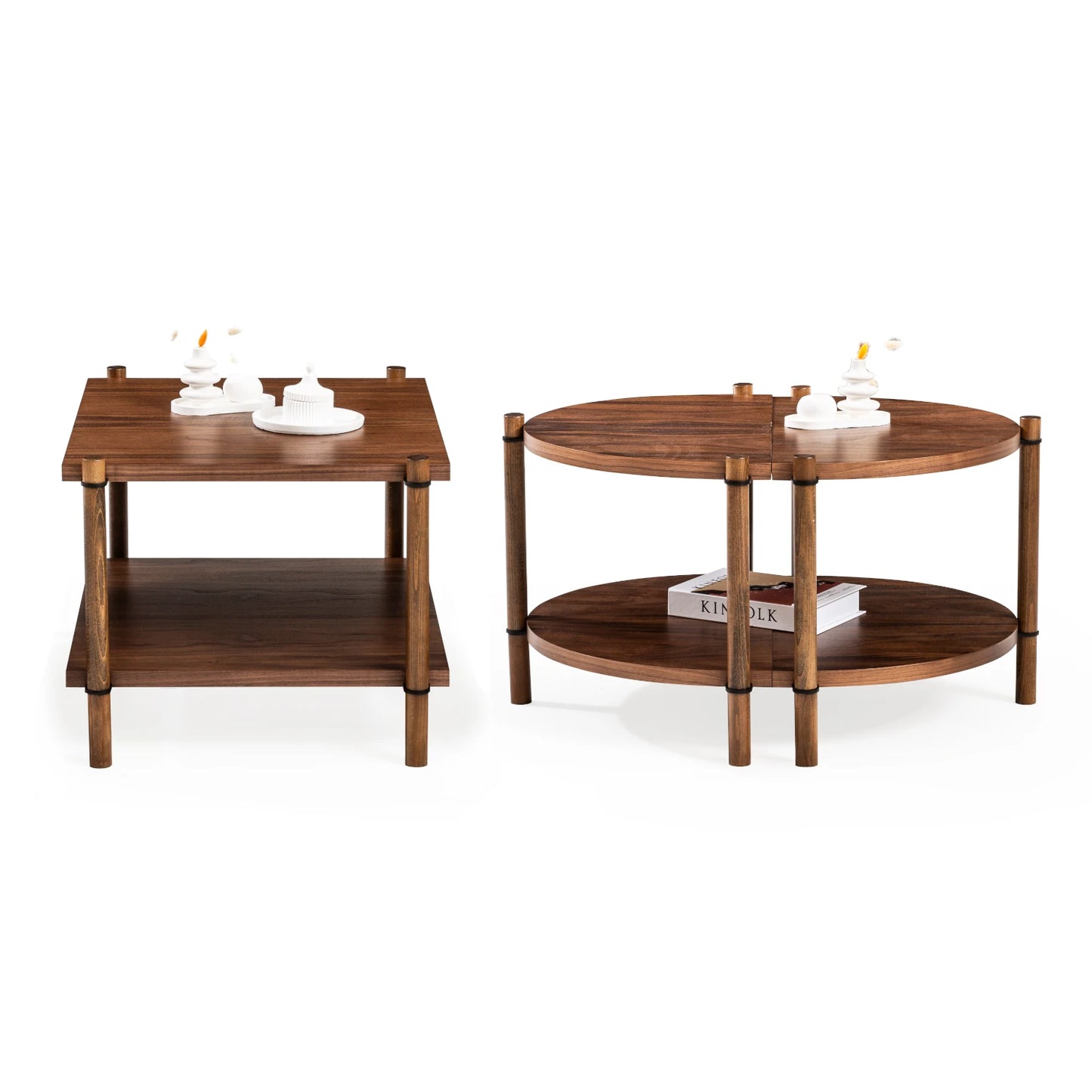 Cosmos koleksiyonu - Ceviz tabla ve raflı, ceviz masif ayaklı modüler orta sehpa - ayrılabilir mini sehpalar