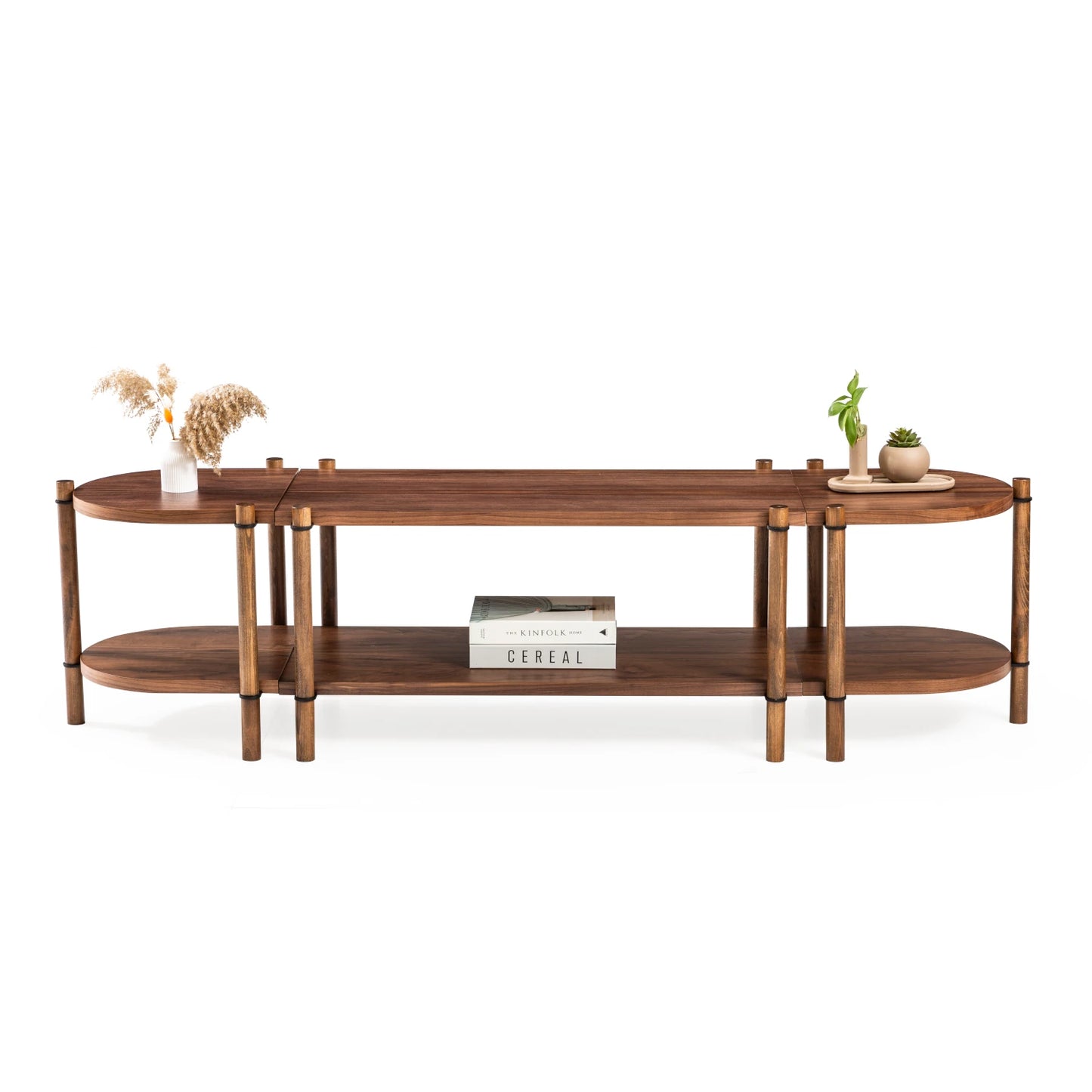 Cosmos koleksiyonu - Ceviz tabla ve raflı, ceviz masif ayaklı modüler tv sehpası - ayrılabilir mini sehpalar