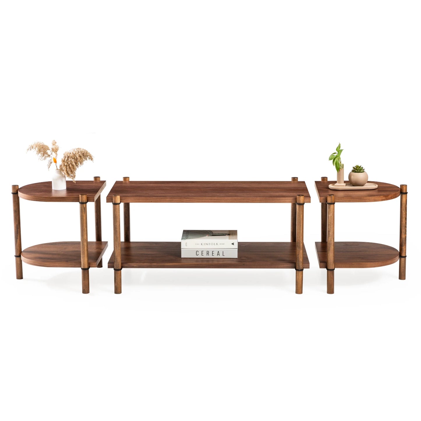 Cosmos koleksiyonu - Ceviz tabla ve raflı, ceviz masif ayaklı modüler tv sehpası - ayrılabilir mini sehpalar