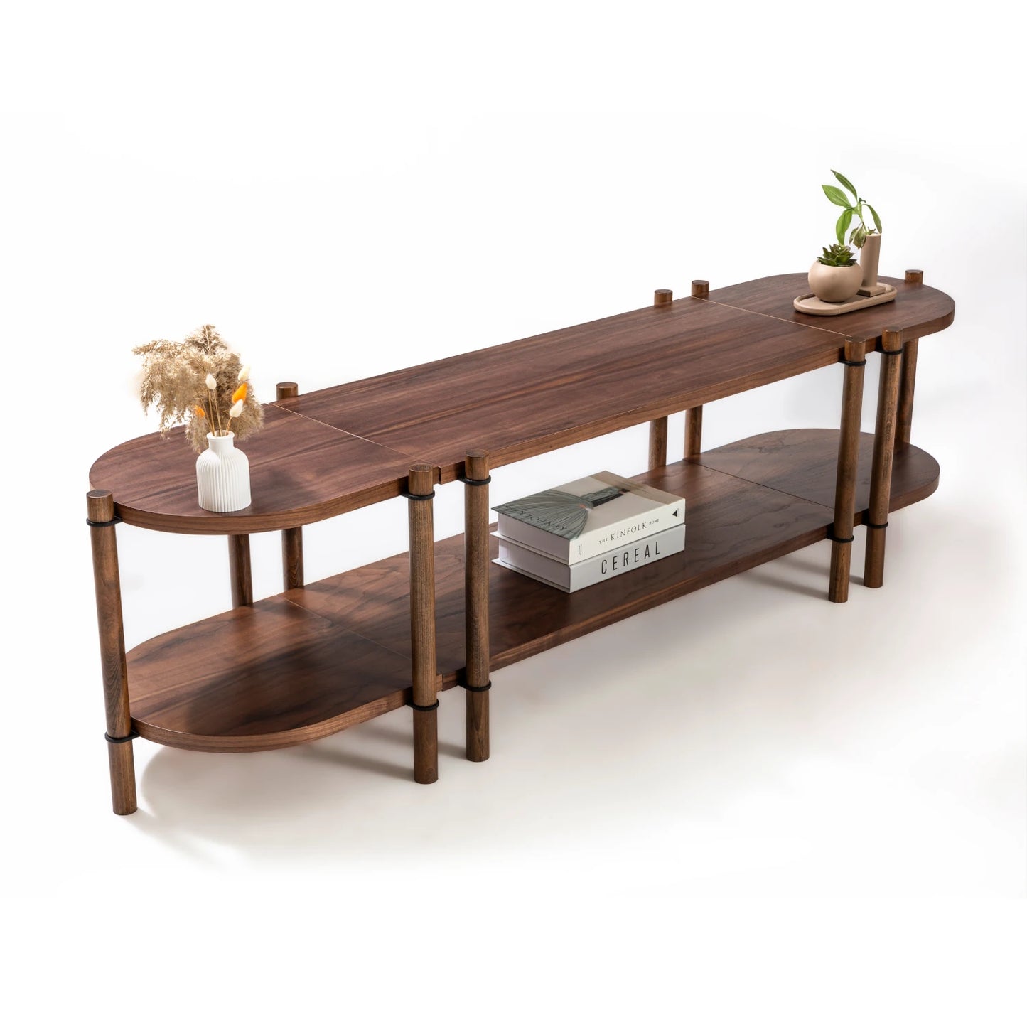 Cosmos koleksiyonu - Ceviz tabla ve raflı, ceviz masif ayaklı modüler tv sehpası - ayrılabilir mini sehpalar