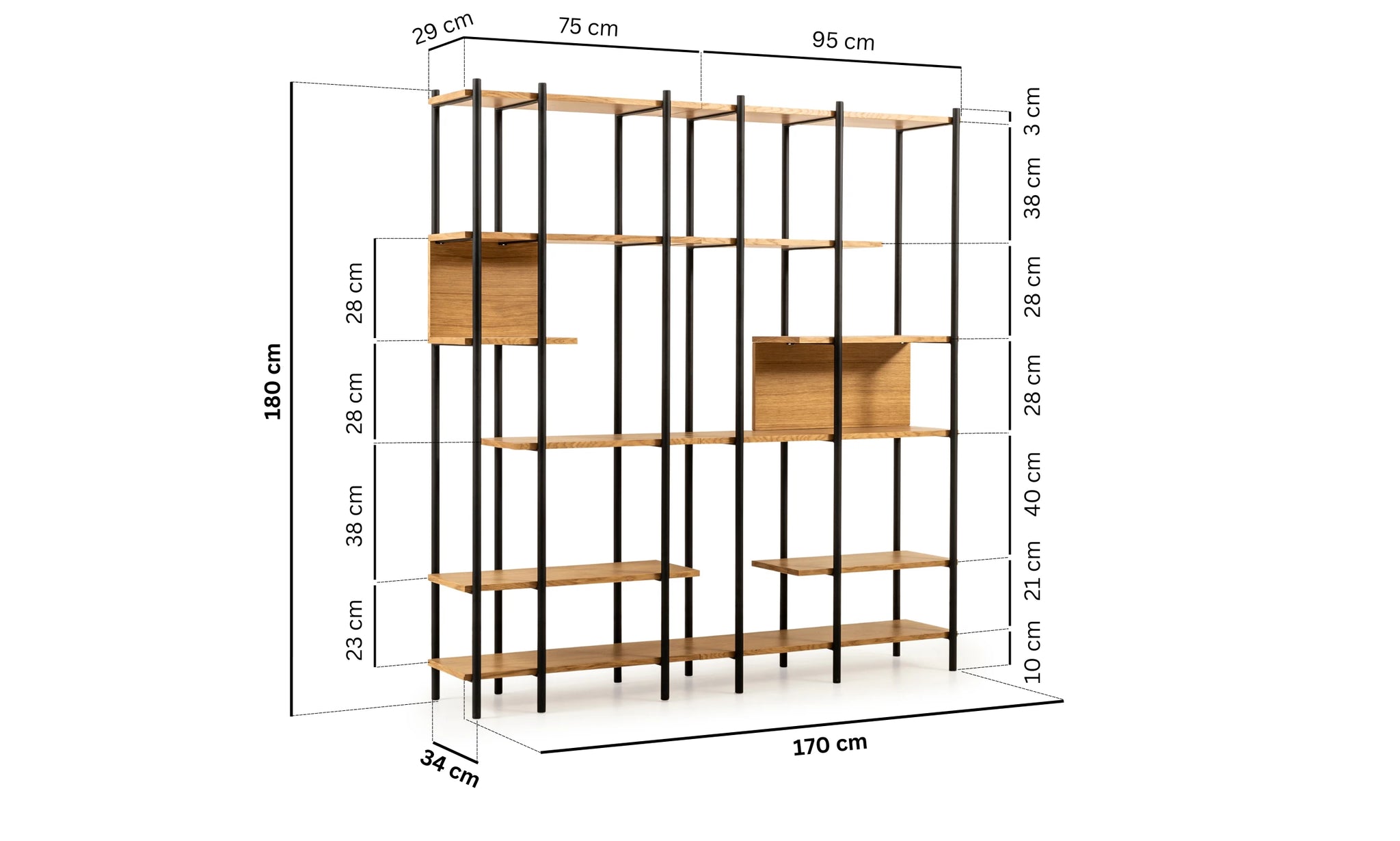 Harmonia koleksiyonu - Meşe raflı, siyah metal çerçeveli, 170 cm modüler büyük kitaplık ölçüleri - Genişlik: 170 cm, Derinlik: 29 cm, Yükseklik: 180 cm