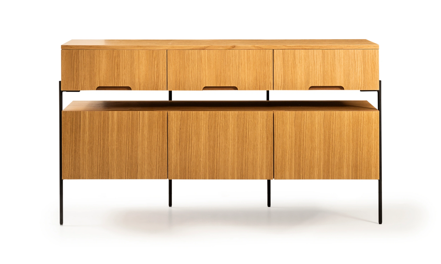 Harmonia koleksiyonu - Meşe çekmeceli, meşe kapaklı, siyah metal ayaklı konsol