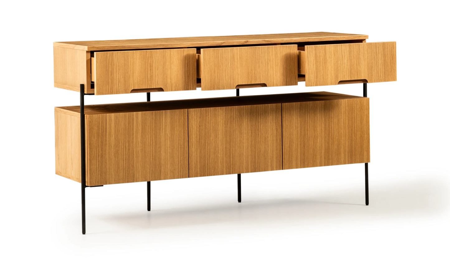 Harmonia koleksiyonu - Meşe çekmeceli, meşe kapaklı, siyah metal ayaklı konsol