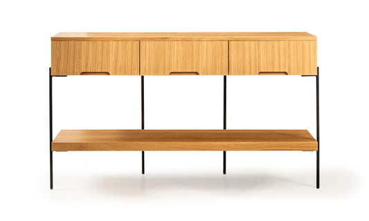 Harmonia koleksiyonu - Meşe çekmeceli, meşe raflı, siyah metal ayaklı konsol