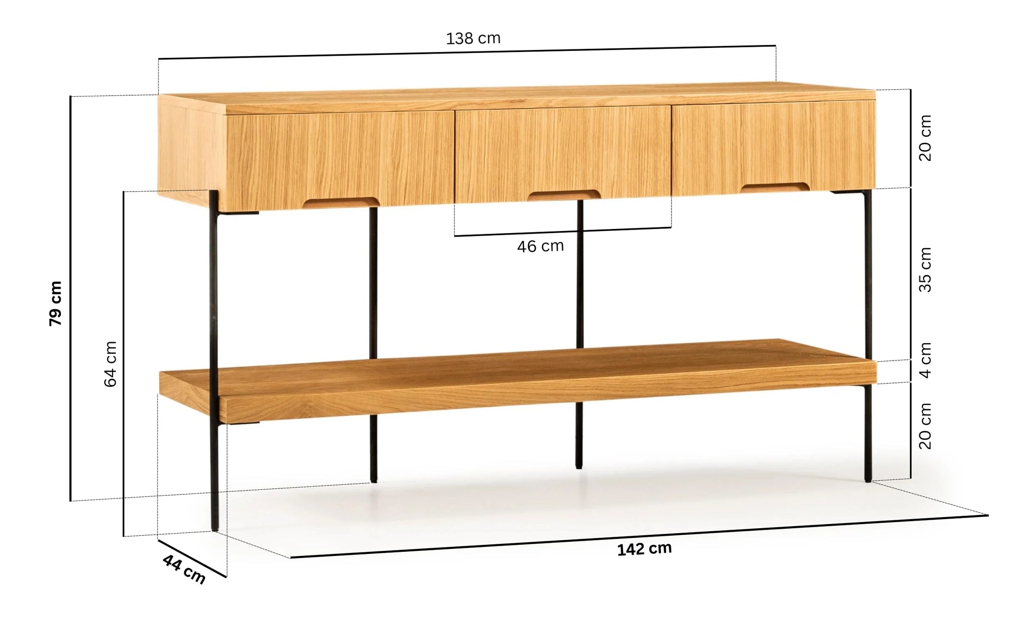 Harmonia koleksiyonu - Meşe çekmeceli, meşe raflı, siyah metal ayaklı konsol ölçüleri - Genişlik: 142 cm, Derinlik: 44 cm, Yükseklik: 79 cm