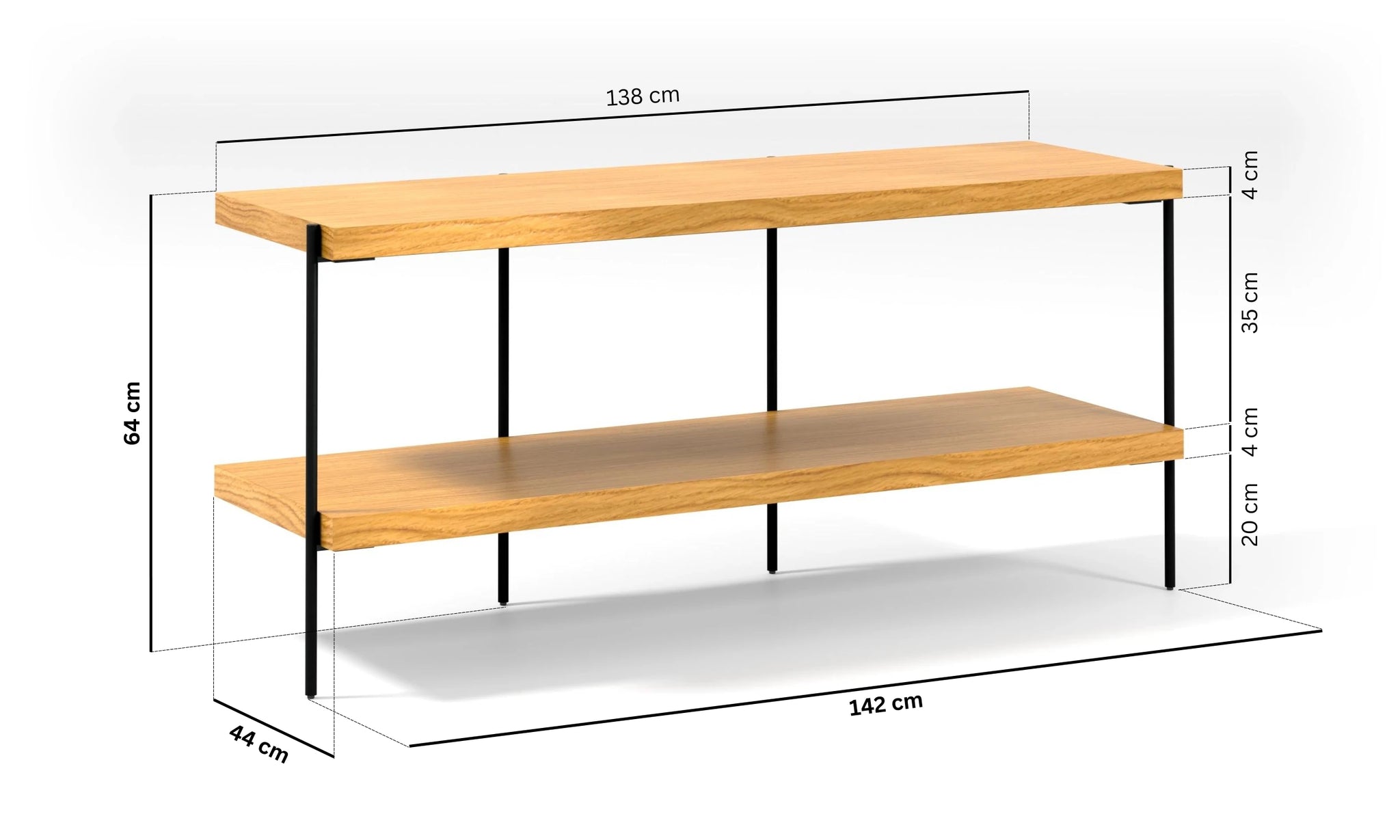 Harmonia koleksiyonu - Meşe tablalı, meşe raflı, siyah metal ayaklı konsol ölçüleri - Genişlik: 142 cm, Derinlik: 44 cm, Yükseklik: 64 cm