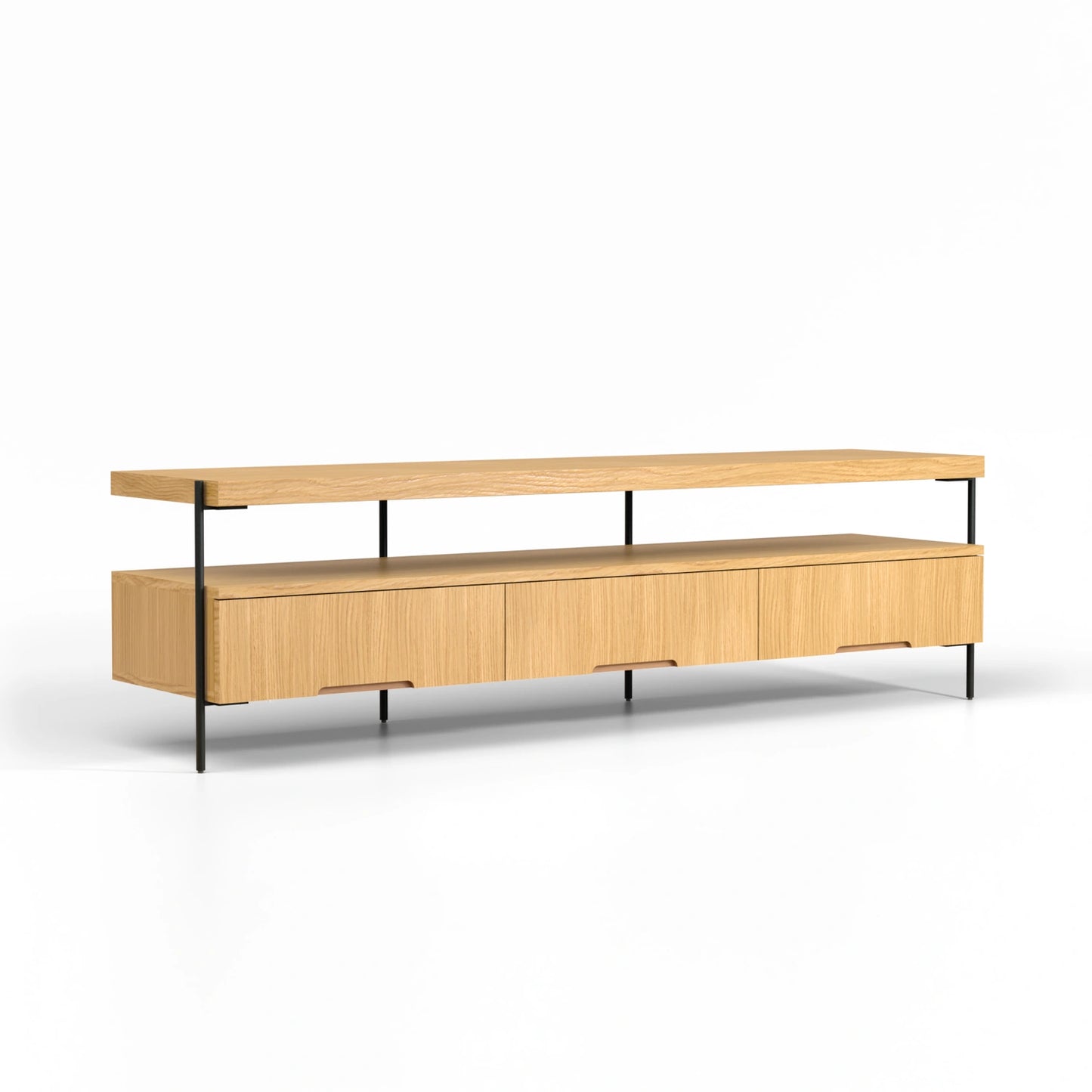 Harmonia koleksiyonu - Meşe tablalı, meşe çekmeceli, siyah metal ayaklı 180 cm TV sehpası