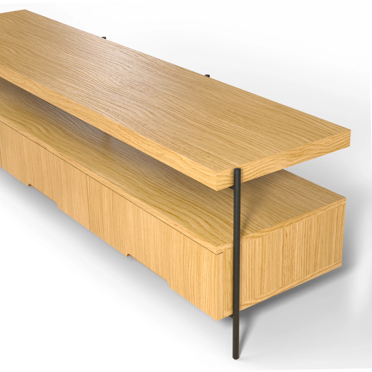 Harmonia koleksiyonu - Meşe tablalı, meşe çekmeceli, siyah metal ayaklı 180 cm TV sehpası