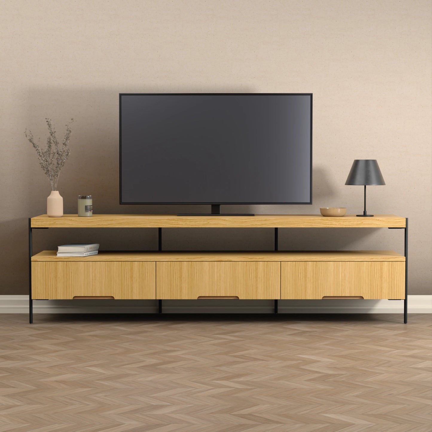 Harmonia koleksiyonu - Meşe tablalı, meşe çekmeceli, siyah metal ayaklı 180 cm TV sehpası