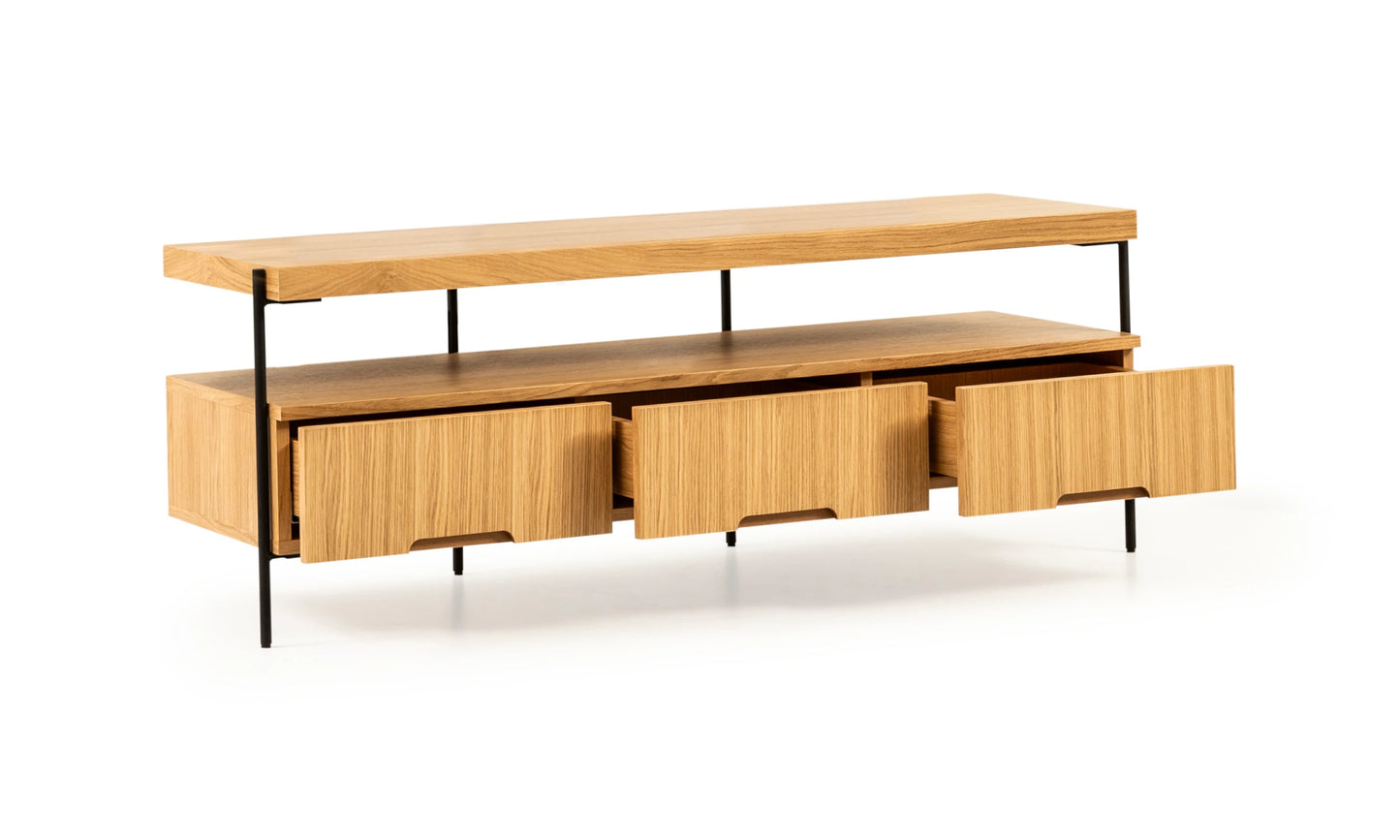 Harmonia koleksiyonu - Meşe tablalı, meşe çekmeceli, siyah metal ayaklı TV sehpası