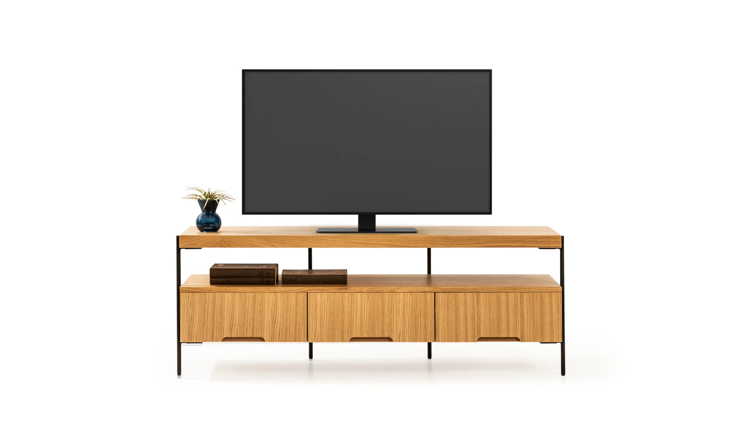 Harmonia koleksiyonu - Meşe tablalı, meşe çekmeceli, siyah metal ayaklı TV sehpası