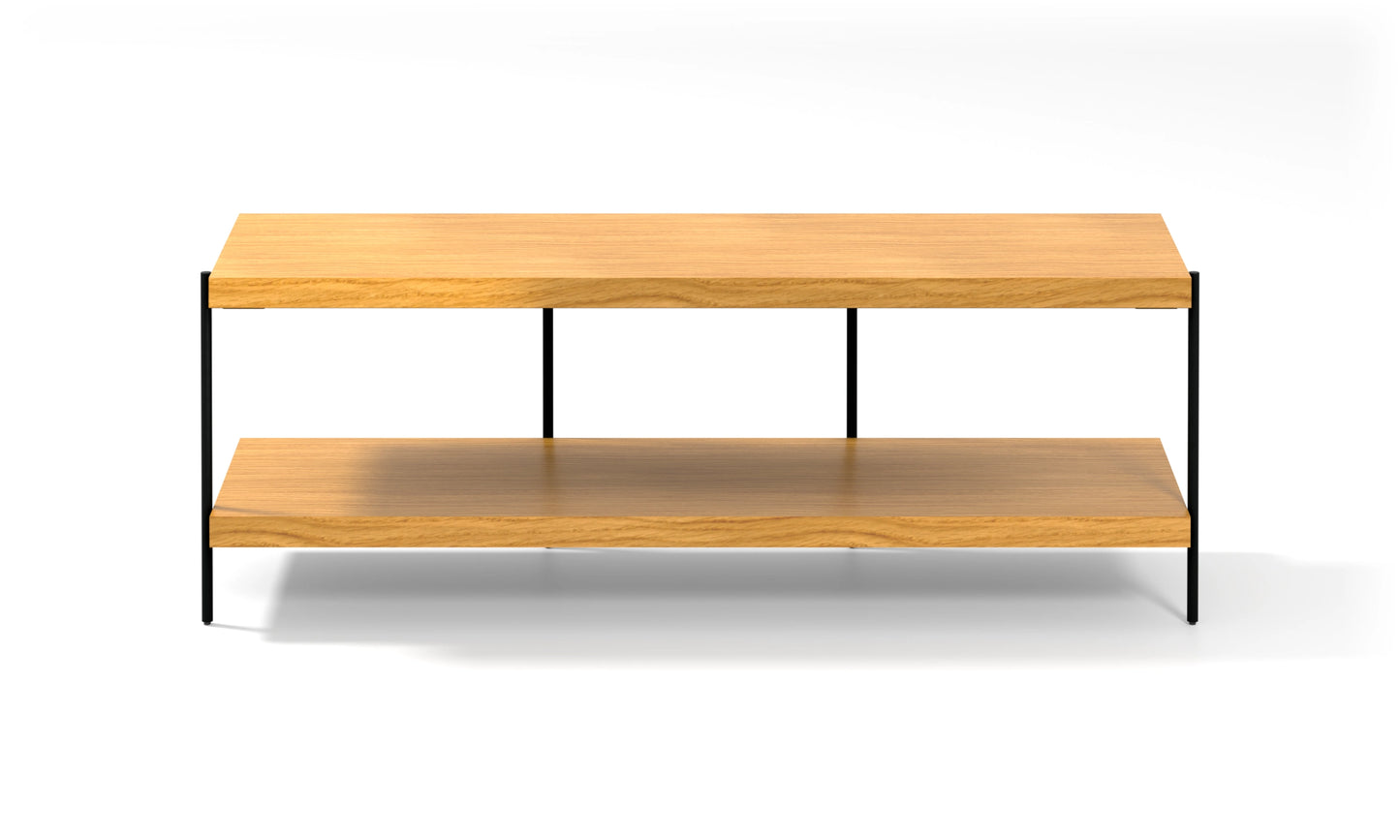 Harmonia koleksiyonu - Meşe tablalı, meşe raflı, siyah metal ayaklı TV sehpası