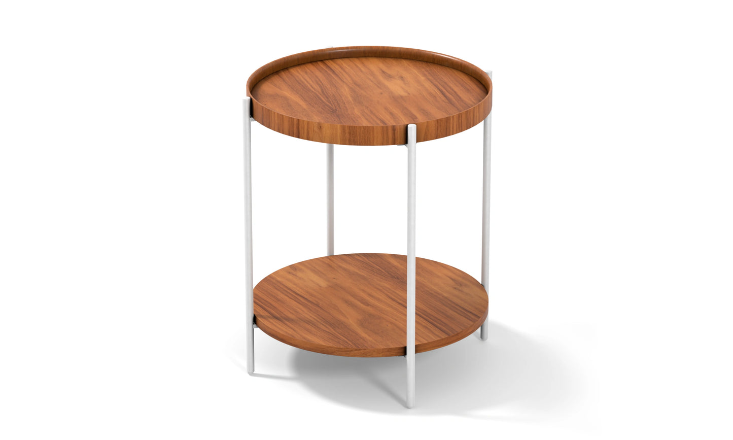 Harmonia koleksiyonu - Ceviz tablalı, ceviz raflı, beyaz metal ayaklı yuvarlak yan sehpa