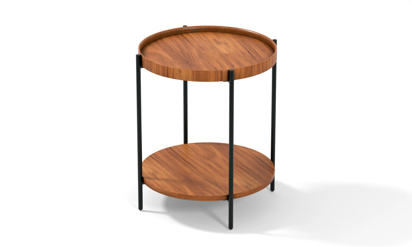 Harmonia koleksiyonu - Ceviz tablalı, ceviz raflı, siyah metal ayaklı yuvarlak yan sehpa