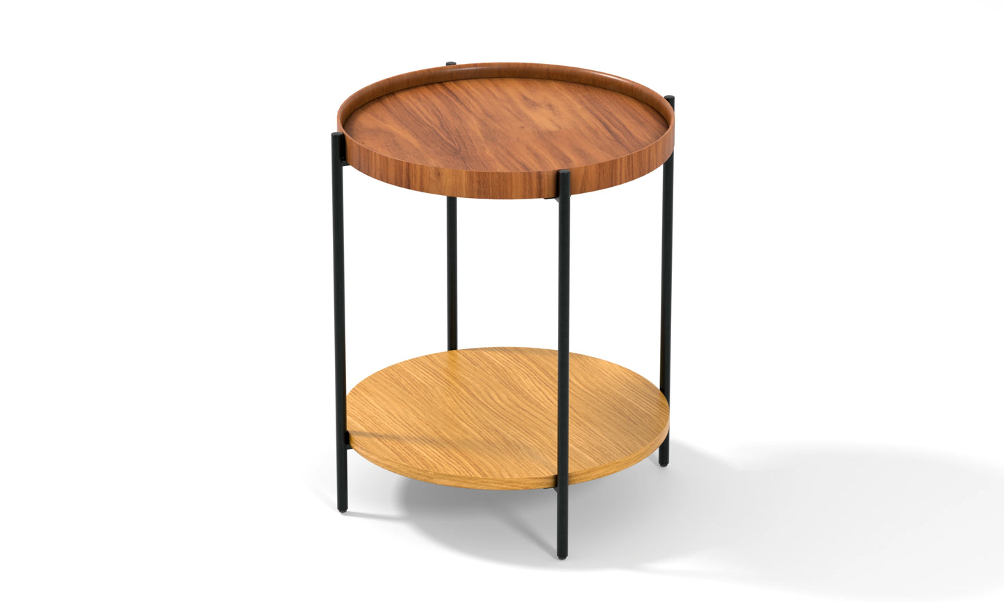 Harmonia koleksiyonu - Ceviz tablalı, meşe raflı, siyah metal ayaklı yuvarlak yan sehpa