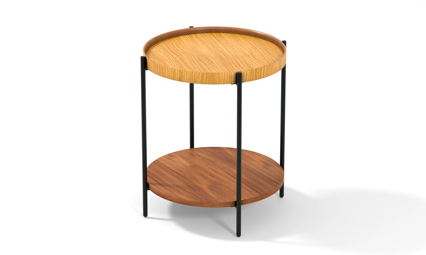 Harmonia koleksiyonu - Meşe tablalı, ceviz raflı, siyah metal ayaklı yuvarlak yan sehpa