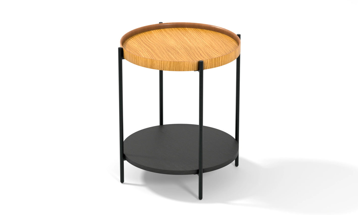 Harmonia koleksiyonu - Meşe tablalı, siyah meşe raflı, siyah metal ayaklı yuvarlak yan sehpa