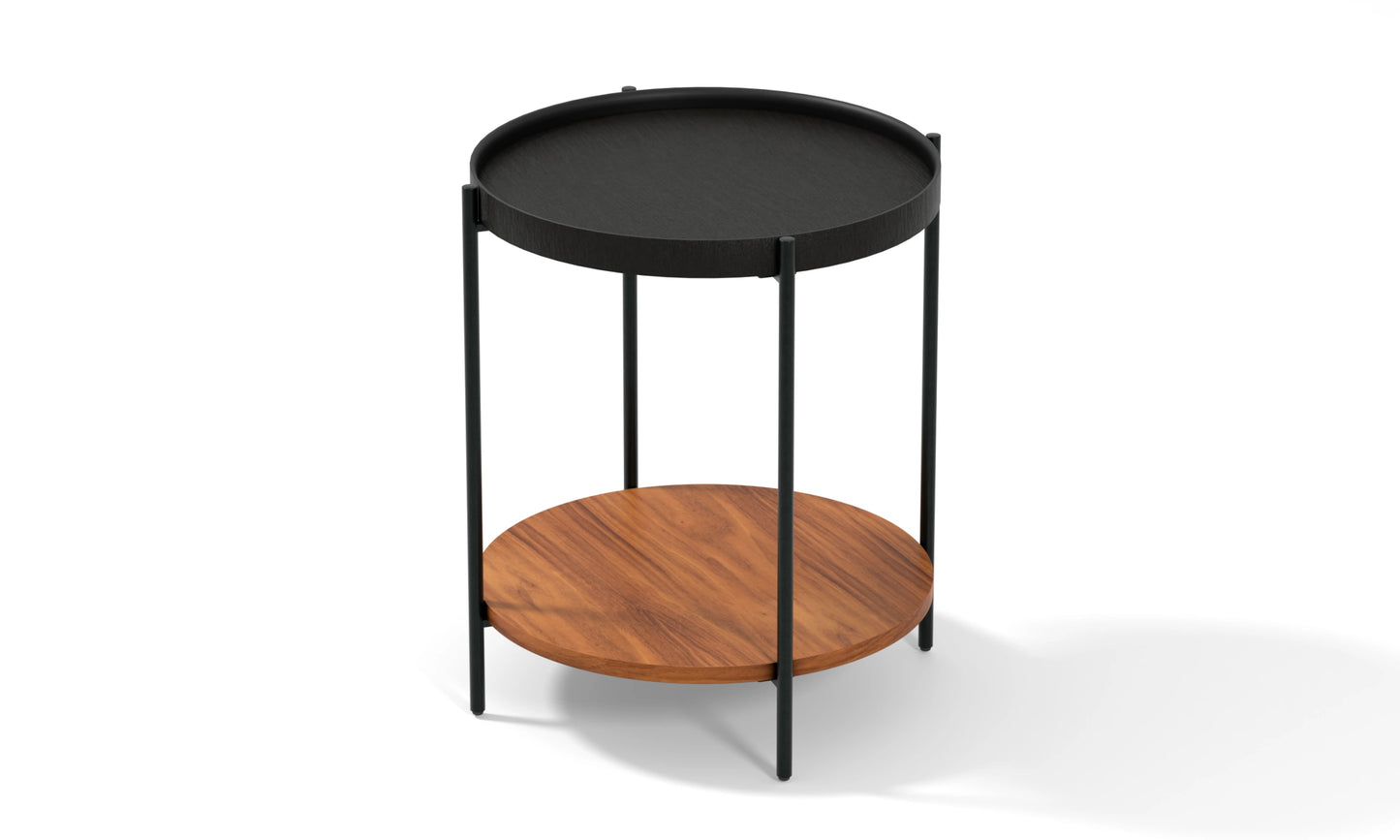 Harmonia koleksiyonu - Siyah meşe tablalı, ceviz raflı, siyah metal ayaklı yuvarlak yan sehpa