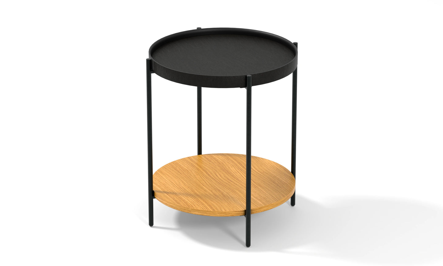 Harmonia koleksiyonu - Siyah meşe tablalı, meşe raflı, siyah metal ayaklı yuvarlak yan sehpa