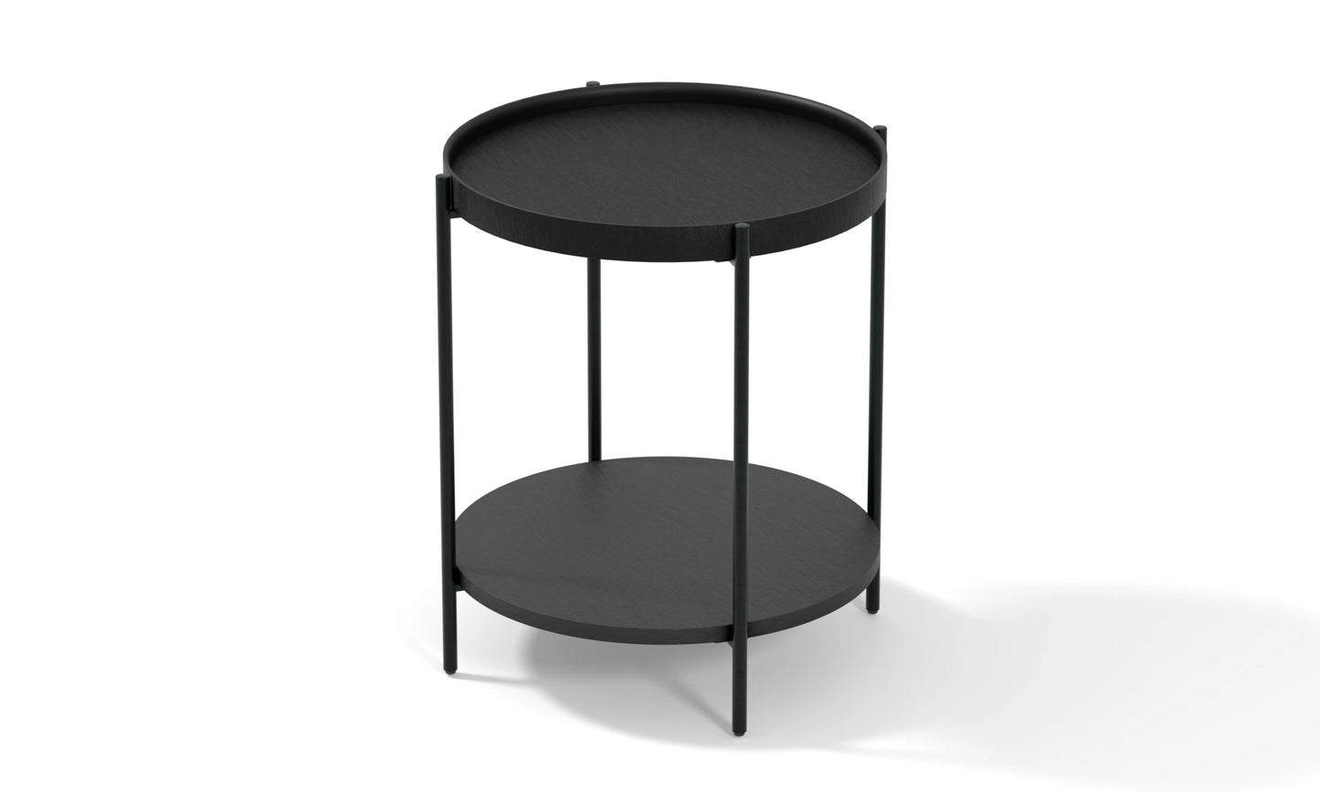 Harmonia koleksiyonu - Siyah meşe tablalı, siyah meşe raflı, siyah metal ayaklı yuvarlak yan sehpa