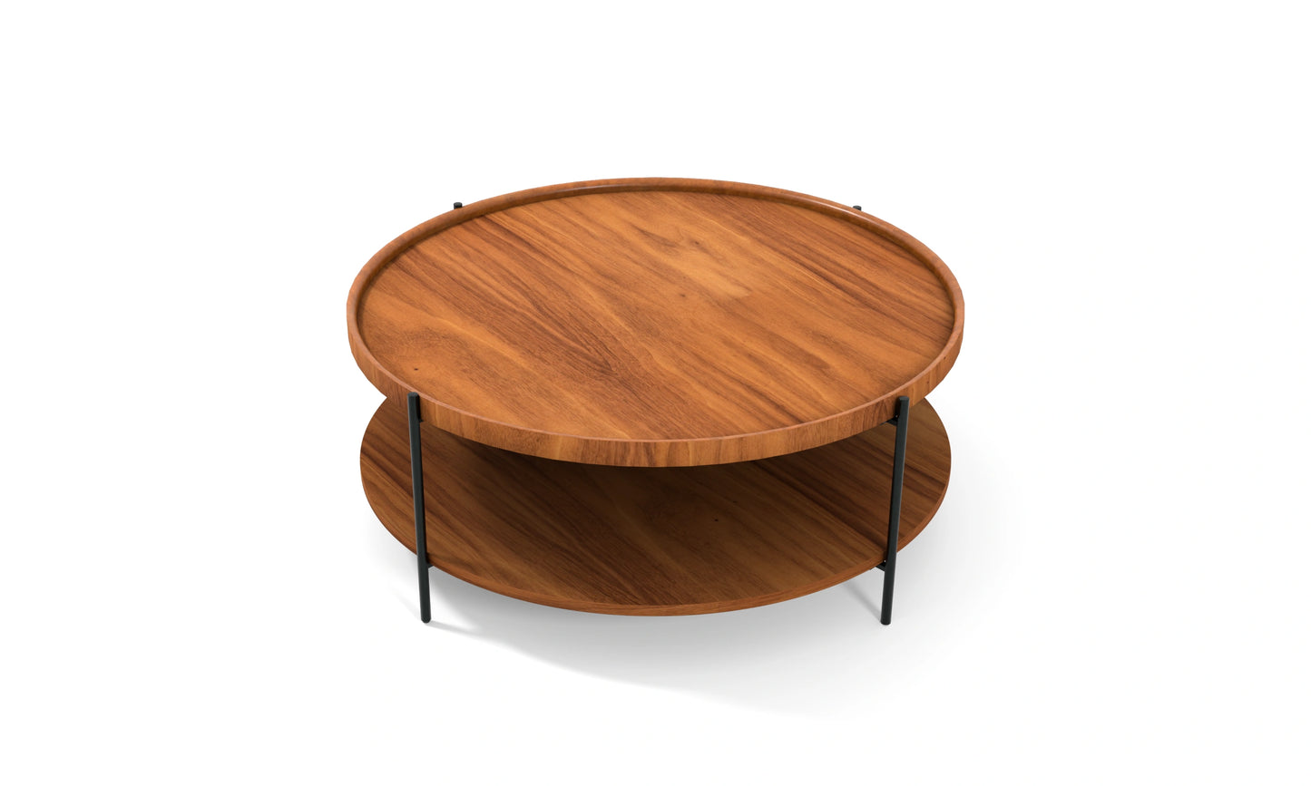 Harmonia koleksiyonu - Ceviz tablalı, ceviz raflı, siyah metal ayaklı, 100 cm yuvarlak orta sehpa