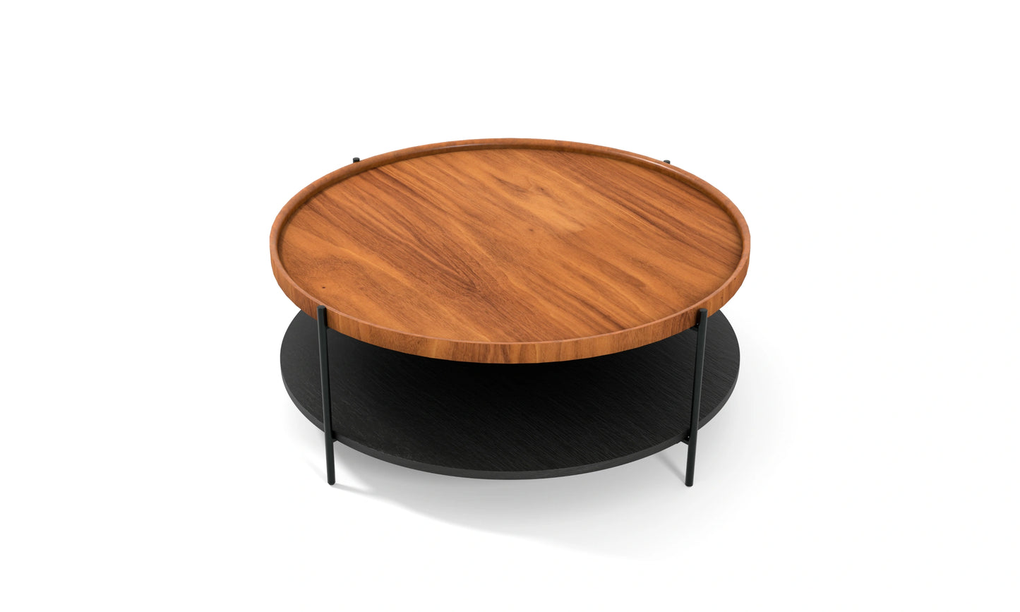 Harmonia koleksiyonu - Ceviz tablalı, siyah meşe raflı, siyah metal ayaklı, 100 cm yuvarlak orta sehpa