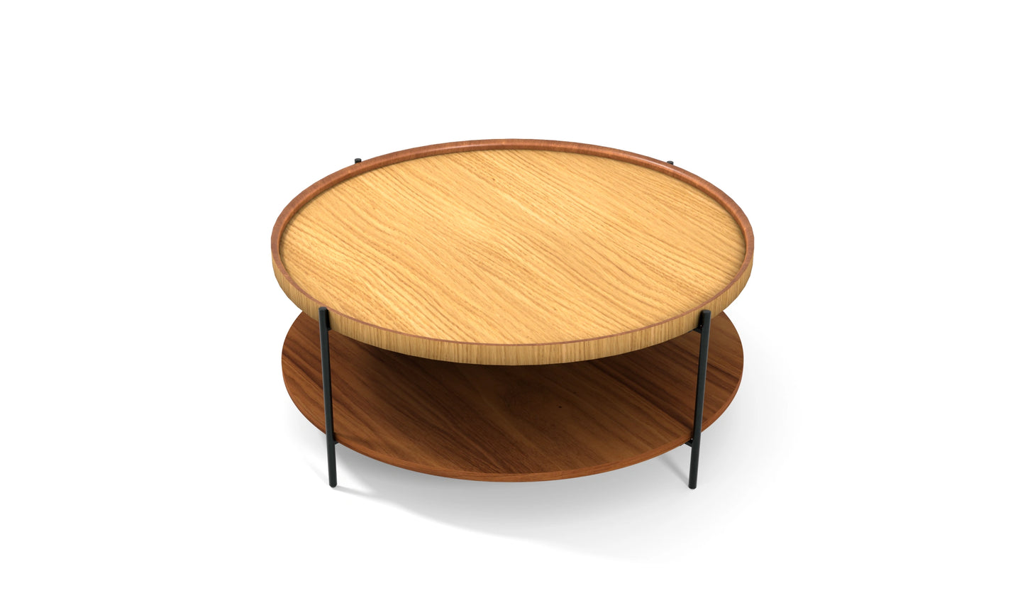 Harmonia koleksiyonu - Meşe tablalı, ceviz raflı, siyah metal ayaklı, 100 cm yuvarlak orta sehpa