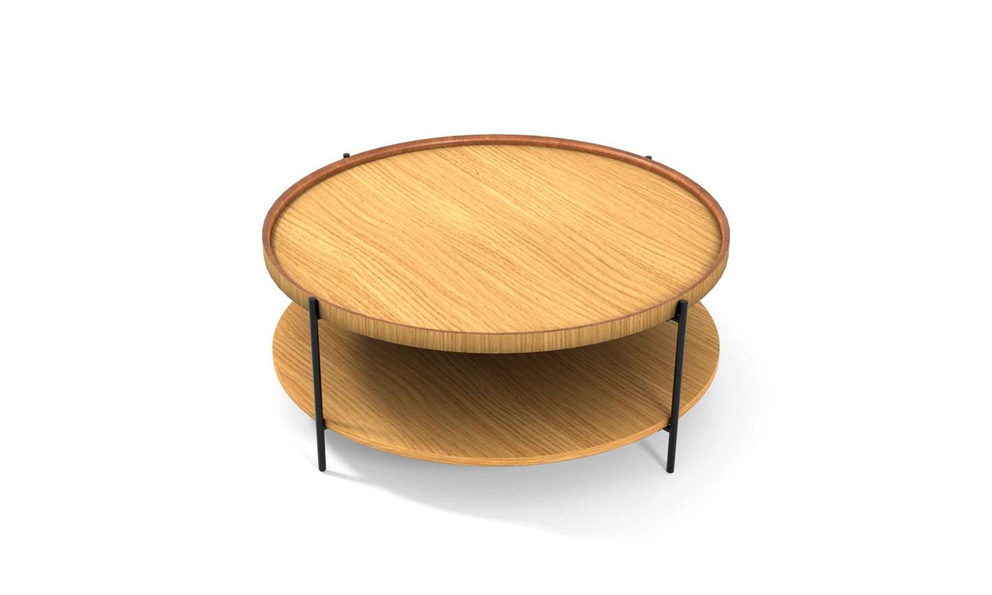 Harmonia koleksiyonu - Meşe tablalı, meşe raflı, siyah metal ayaklı, 100 cm yuvarlak orta sehpa