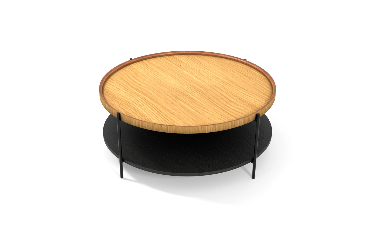 Harmonia koleksiyonu - Meşe tablalı, siyah meşe raflı, siyah metal ayaklı, 100 cm yuvarlak orta sehpa