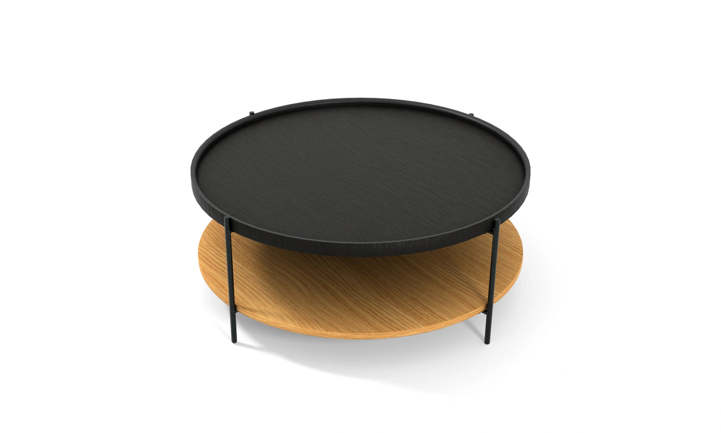 Harmonia koleksiyonu - Siyah meşe tablalı, meşe raflı, siyah metal ayaklı, 100 cm yuvarlak orta sehpa