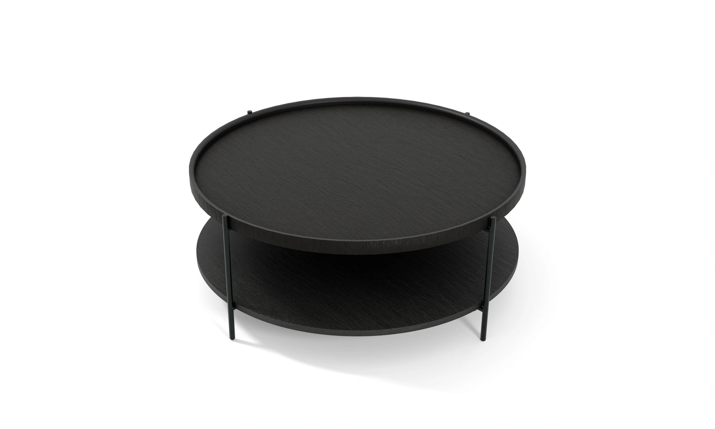 Harmonia koleksiyonu - Siyah meşe tablalı, siyah meşe raflı, siyah metal ayaklı, 100 cm yuvarlak orta sehpa