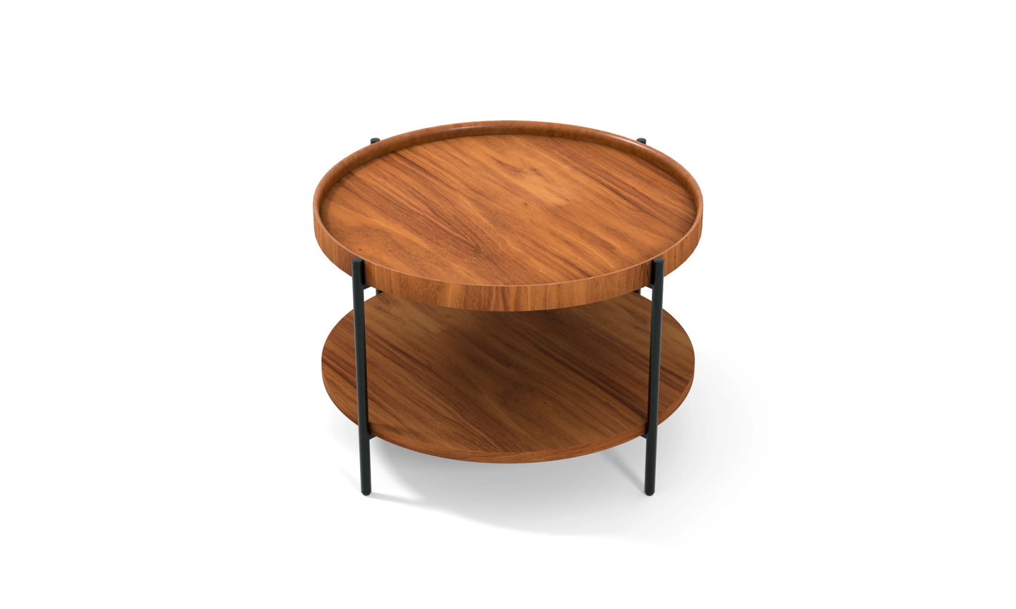 Harmonia koleksiyonu - Ceviz tablalı, ceviz raflı, siyah metal ayaklı, 60 cm yuvarlak orta sehpa