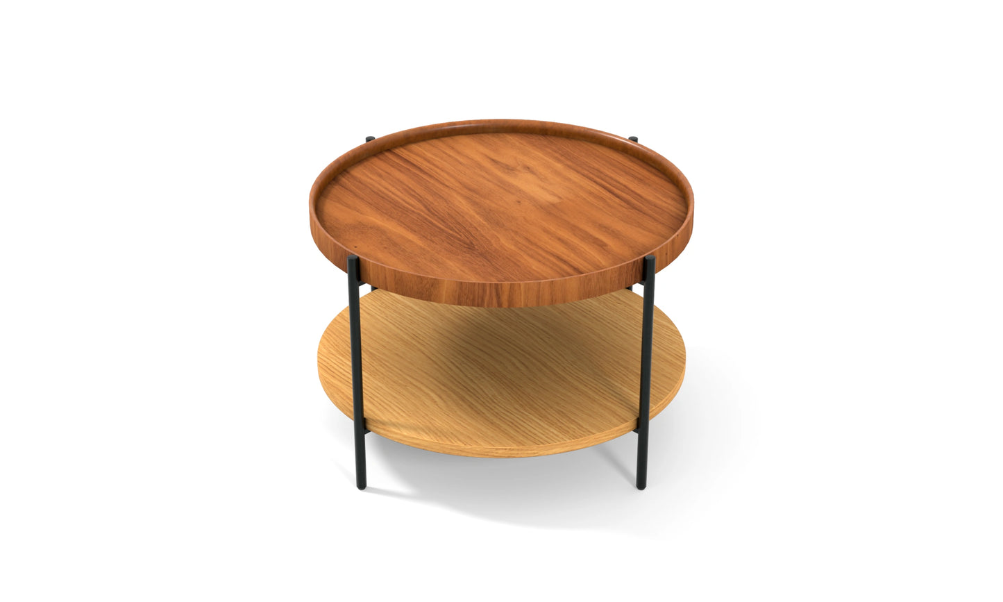 Harmonia koleksiyonu - Ceviz tablalı, meşe raflı, siyah metal ayaklı, 60 cm yuvarlak orta sehpa