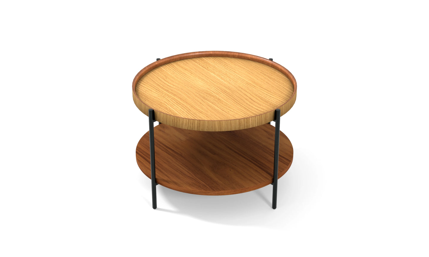 Harmonia koleksiyonu - Meşe tablalı, ceviz raflı, siyah metal ayaklı, 60 cm yuvarlak orta sehpa