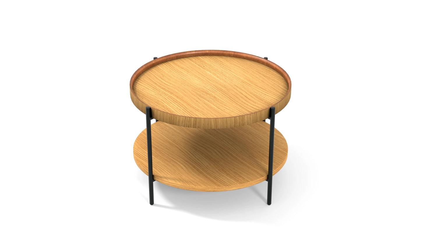 Harmonia koleksiyonu - Meşe tablalı, meşe raflı, siyah metal ayaklı, 60 cm yuvarlak orta sehpa