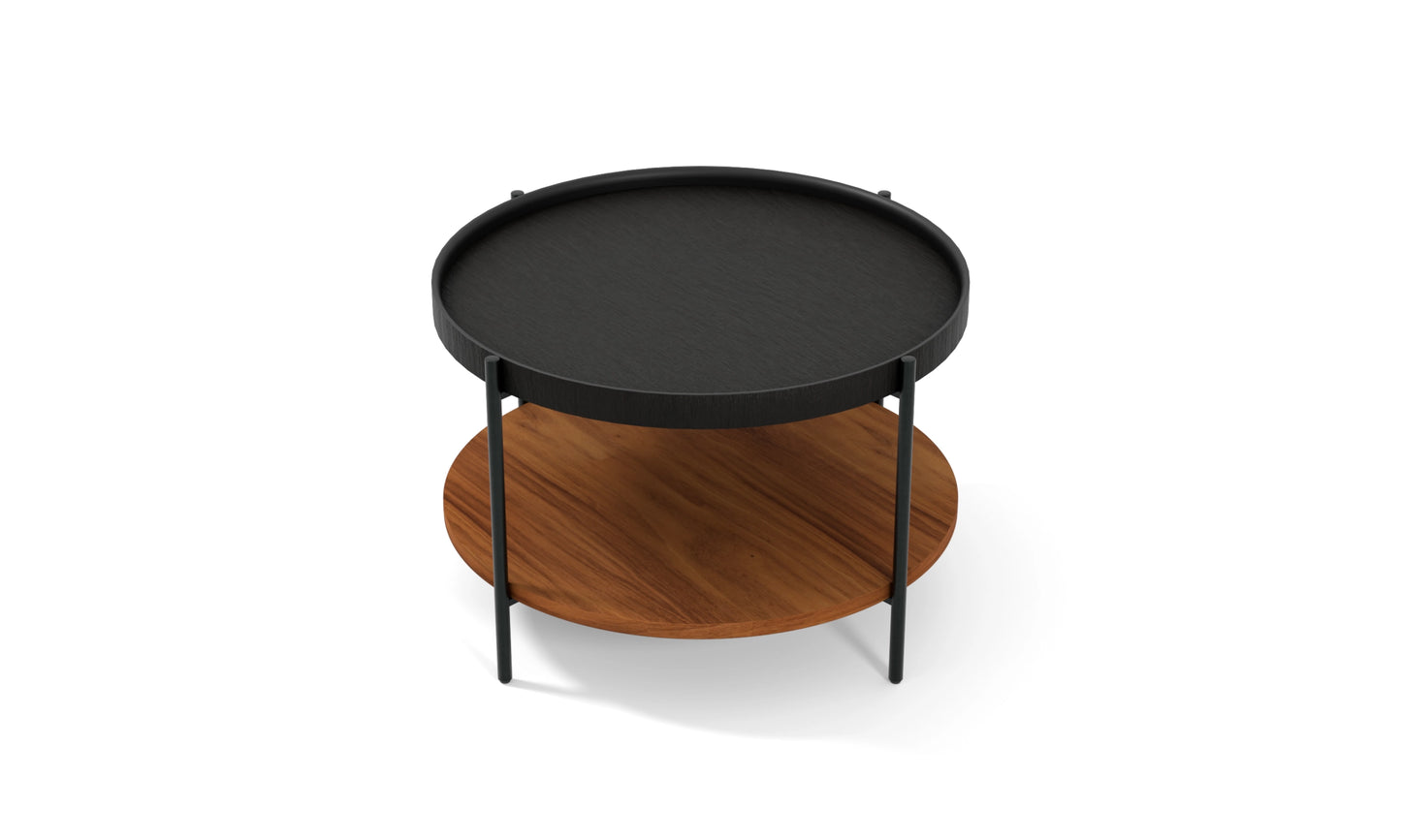 Harmonia koleksiyonu - Siyah meşe tablalı, ceviz raflı, siyah metal ayaklı, 60 cm yuvarlak orta sehpa