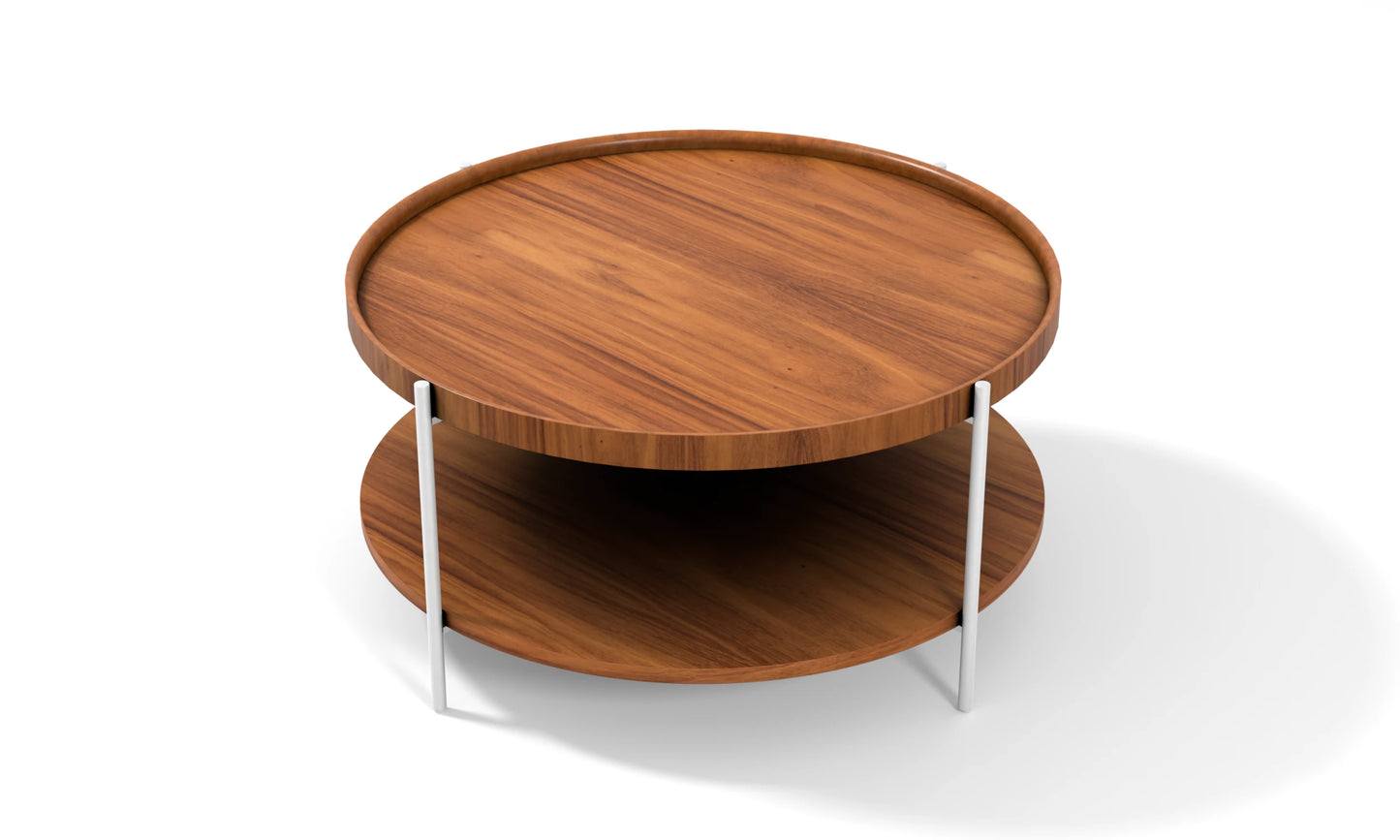 Harmonia koleksiyonu - Ceviz tablalı, ceviz raflı, beyaz metal ayaklı yuvarlak orta sehpa