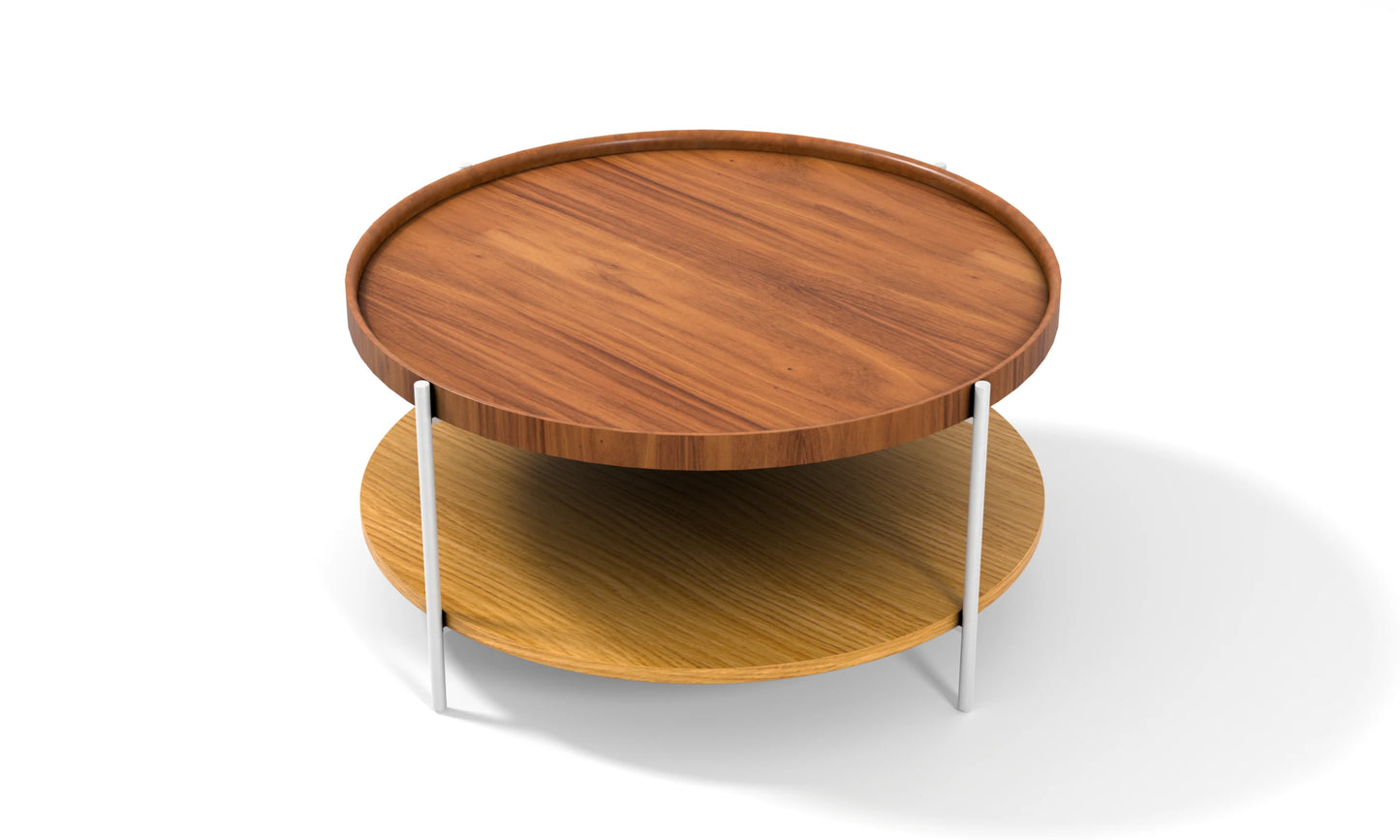 Harmonia koleksiyonu - Ceviz tablalı, meşe raflı, beyaz metal ayaklı yuvarlak orta sehpa