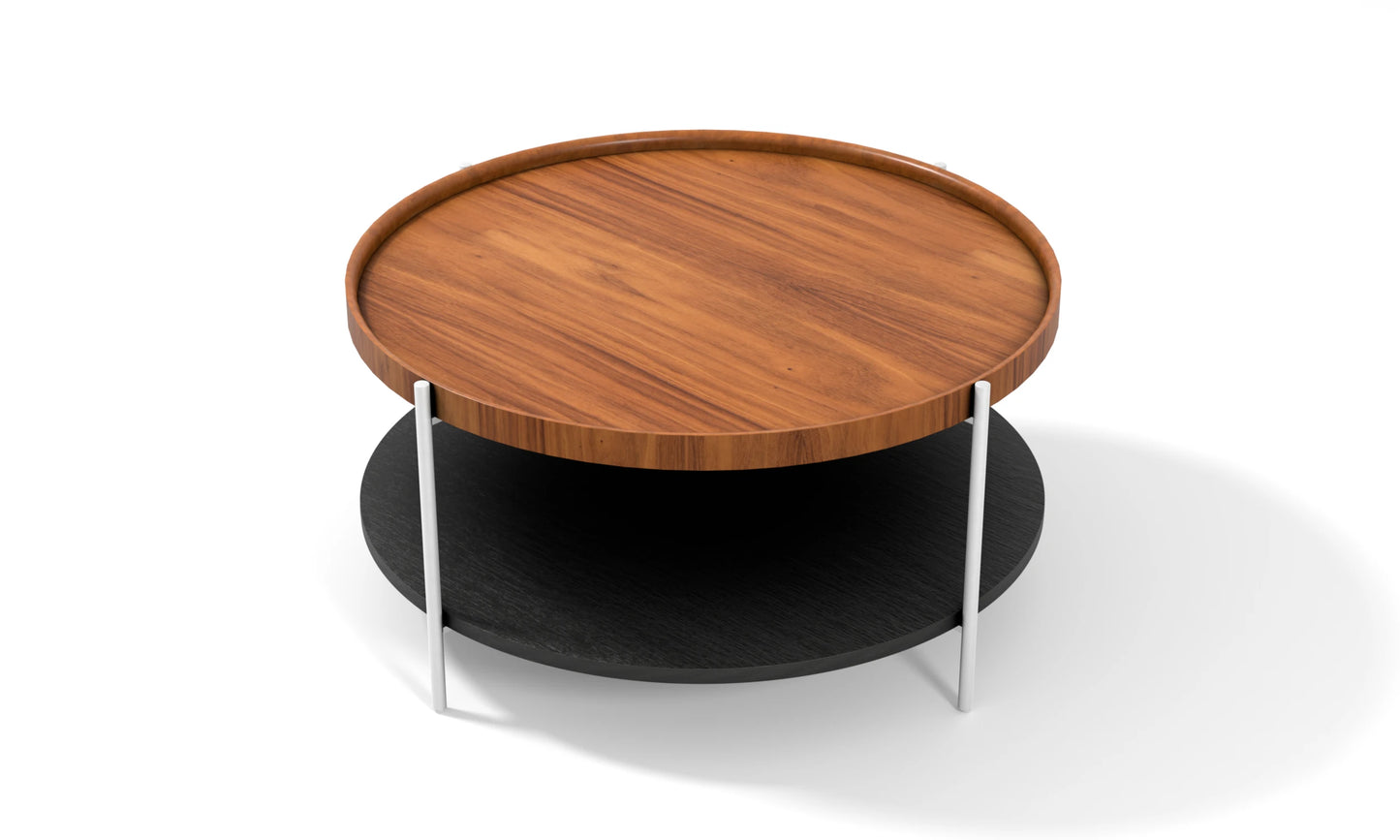 Harmonia koleksiyonu - Ceviz tablalı, siyah meşe raflı, beyaz metal ayaklı yuvarlak orta sehpa