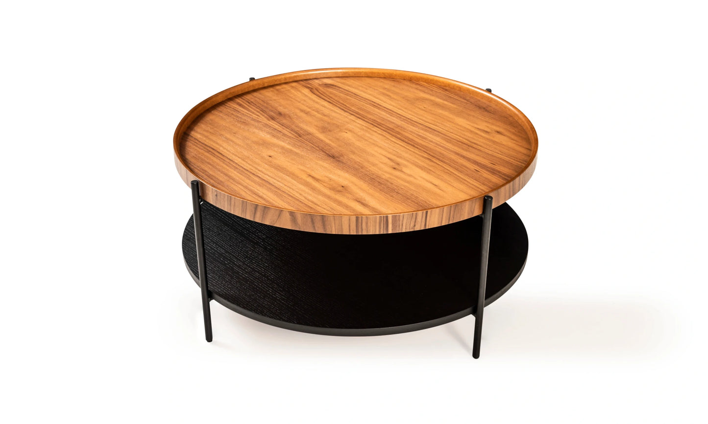Harmonia koleksiyonu - Ceviz tablalı, siyah meşe raflı, siyah metal ayaklı yuvarlak orta sehpa