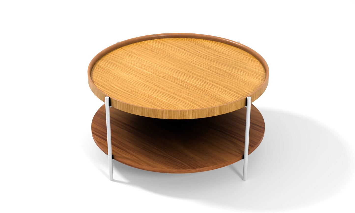 Harmonia koleksiyonu - Meşe tablalı, ceviz raflı, beyaz metal ayaklı yuvarlak orta sehpa