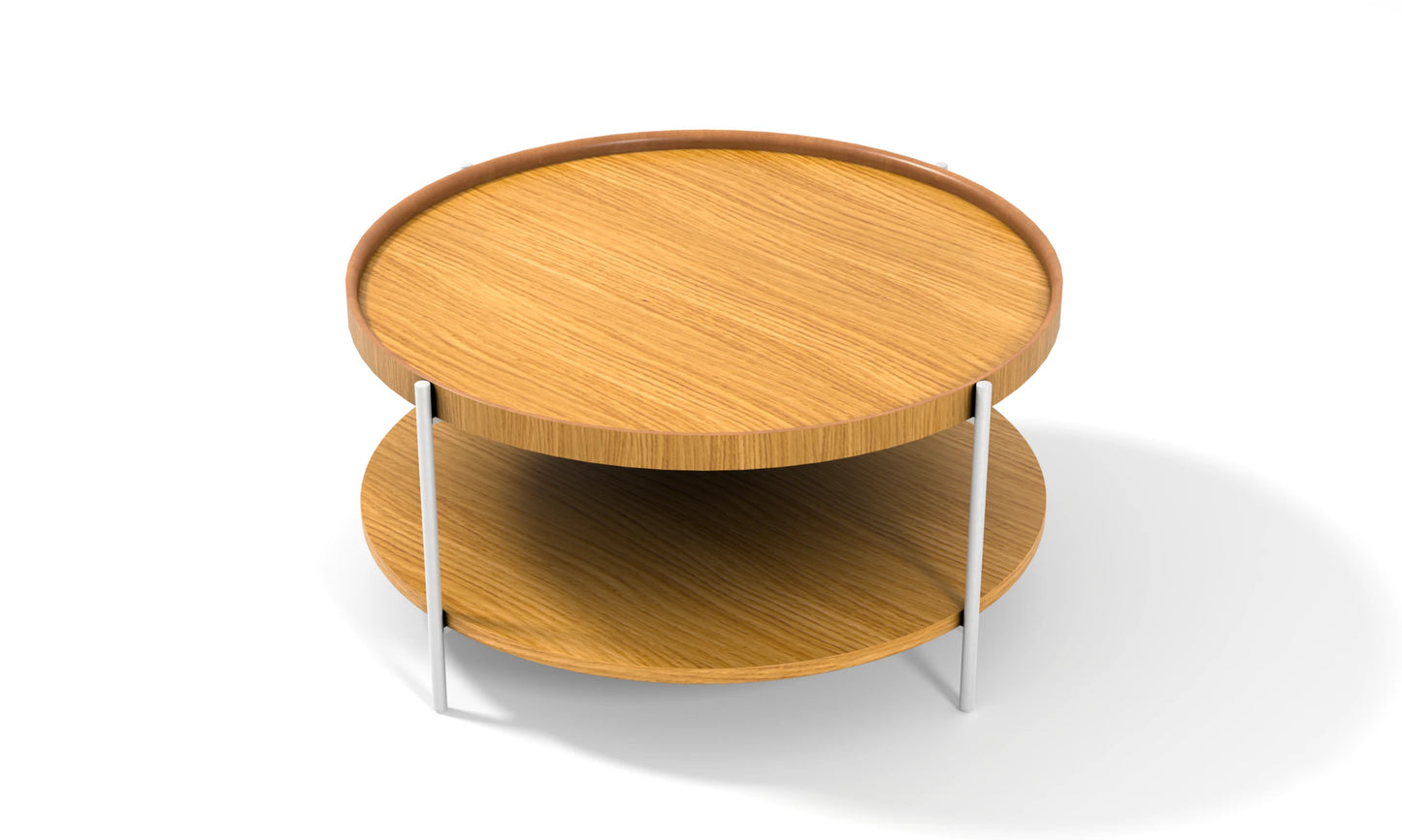 Harmonia koleksiyonu - Meşe tablalı, meşe raflı, beyaz metal ayaklı yuvarlak orta sehpa