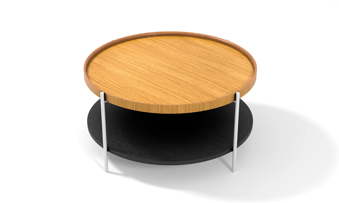 Harmonia koleksiyonu - Meşe tablalı, siyah meşe raflı, beyaz metal ayaklı yuvarlak orta sehpa